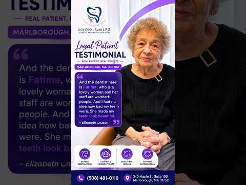 Elizabeth Chiasson sharing her decades-long testimonial about trusted dental care at Innova Smiles in Marlborough MA
