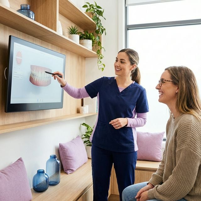 Dr. Fatima collaborating with a patient on a digital smile mockup in a high-end consultation room