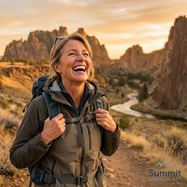 Active woman hiking outdoors with confident natural smile