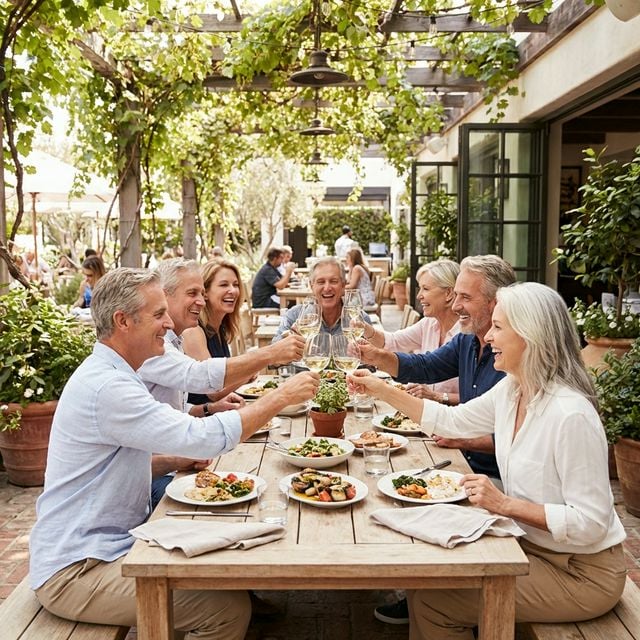 Friends laughing together at a garden party