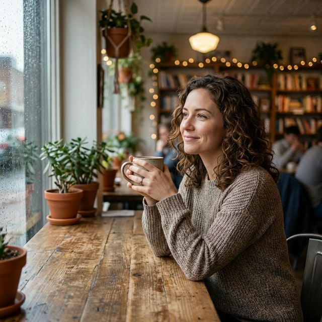 Woman enjoying coffee at a café with a healthy smile