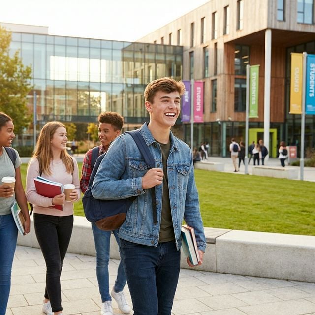 Teenager smiling confidently walking through school campus with friends