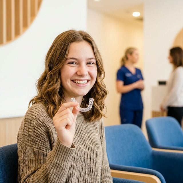 Happy teenage girl smiling and holding Invisalign Teen clear aligners