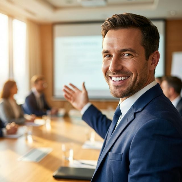 Professional woman smiling confidently in a modern office