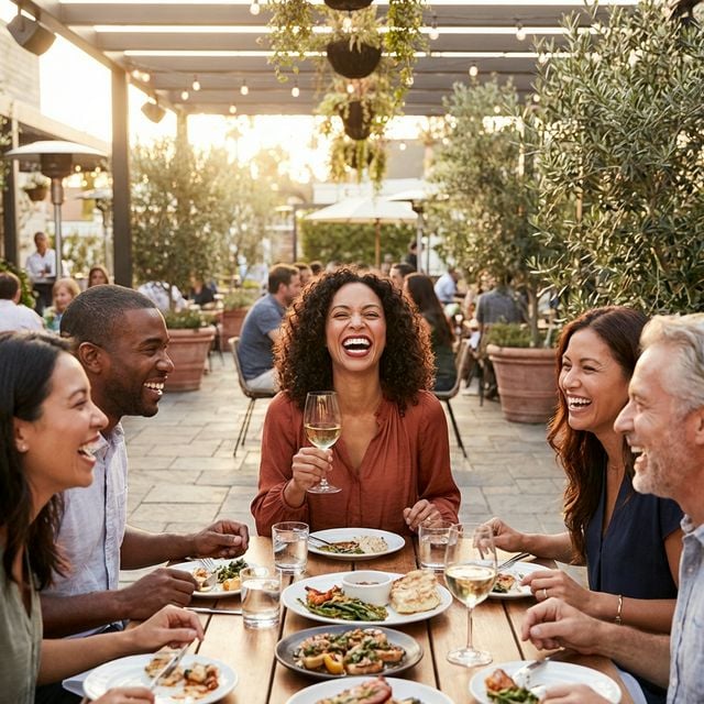 Friends laughing together at an outdoor restaurant