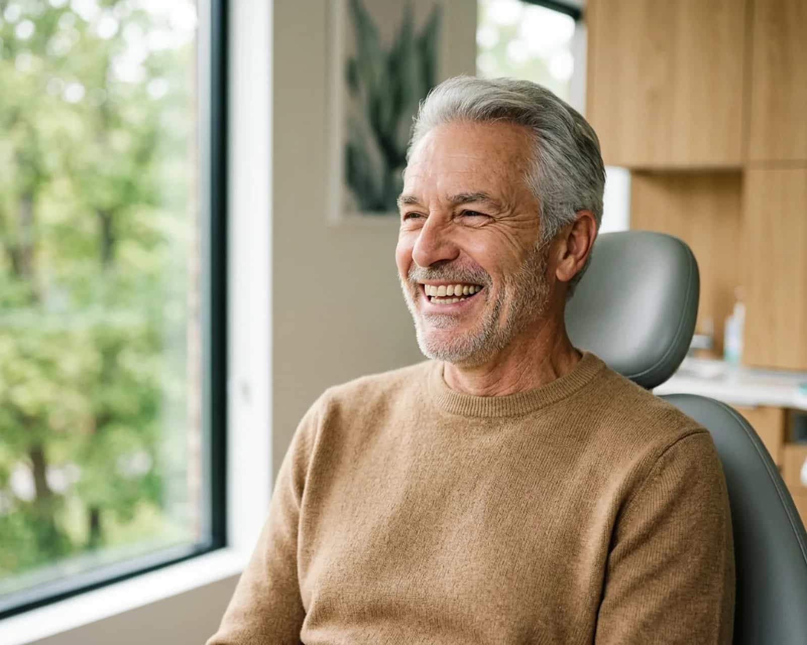 Smiling man in his late 60s seated in a dental chair beside a bright window