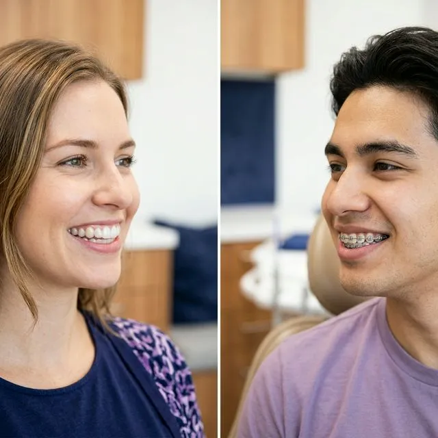 Woman and man smiling side by side, displaying their teeth; the man wearing visible metal braces, illustrating orthodontic treatment options.