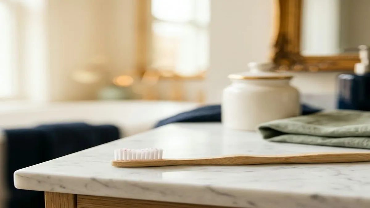 Wooden toothbrush with white bristles on a marble bathroom counter in bright, natural light.