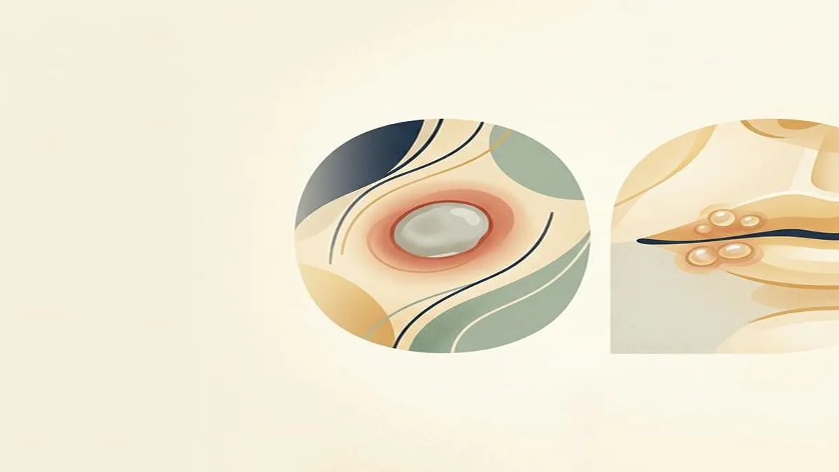Medical illustration showing a mouth ulcer with white center and red-pink border, and a hand with a dental probe near small circular lesions.