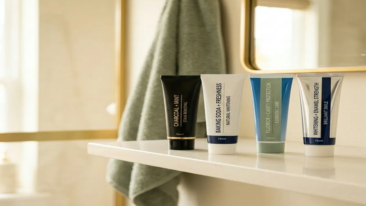 Four toothpaste tubes lined up on a bathroom shelf — charcoal, baking soda, fluoride, and whitening varieties — beside a folded towel and mirror.