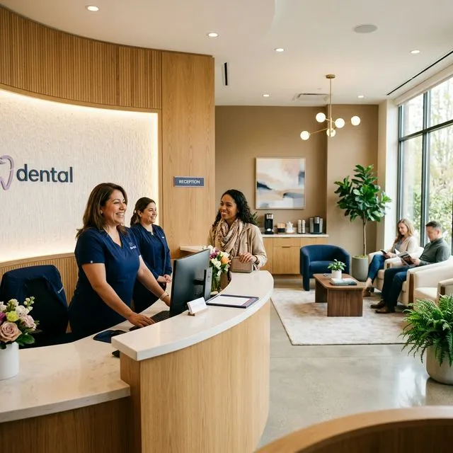 Welcoming modern dental office reception with two staff members in navy scrubs greeting a patient at a curved wooden desk, potted plants, and comfortable waiting area in background.