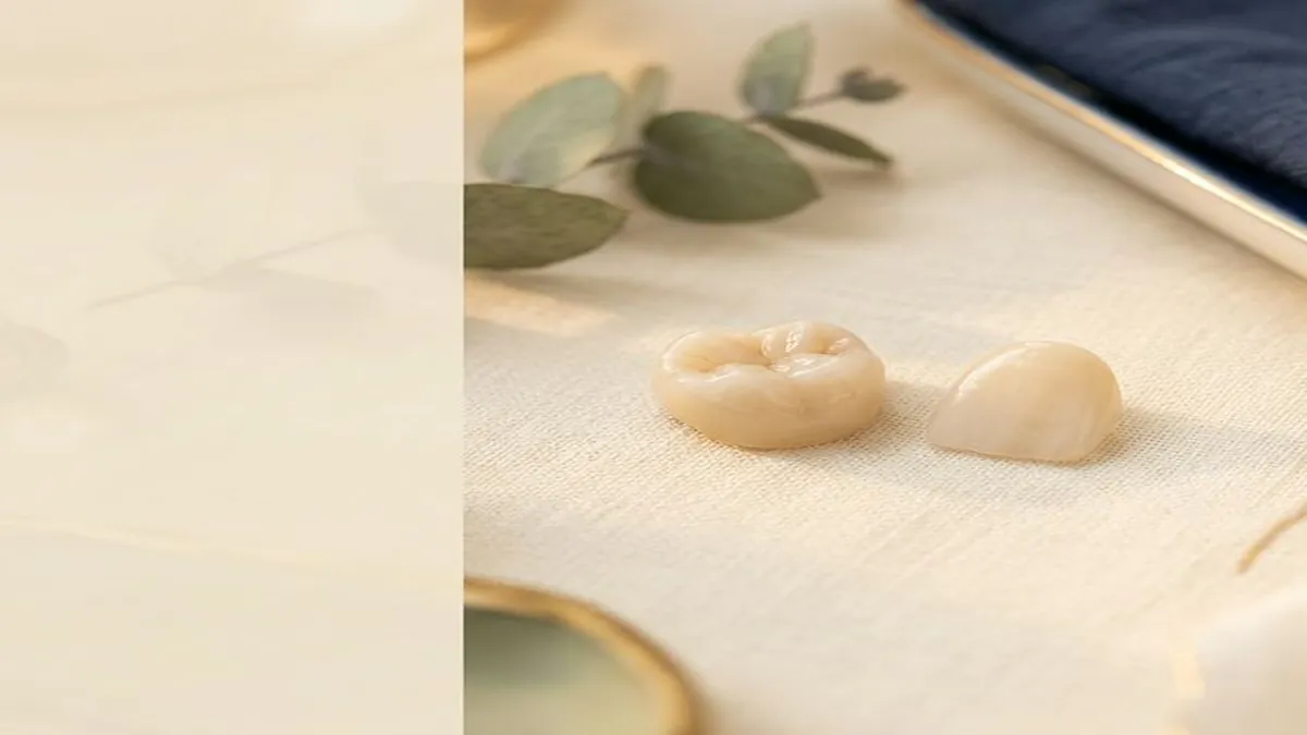 Two tooth-colored dental restorations displayed on a textured surface with eucalyptus leaves in soft focus.