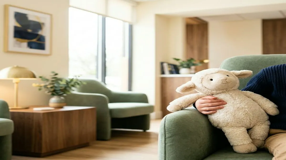 A child's hand in a dark blue sweater holds a cream-colored stuffed lamb on a green sofa in a warm, modern living room with natural light.