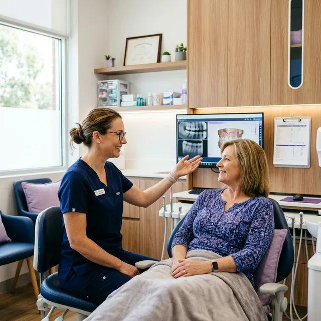 A dentist in blue scrubs discusses dental X-rays with a patient in a modern dental office.