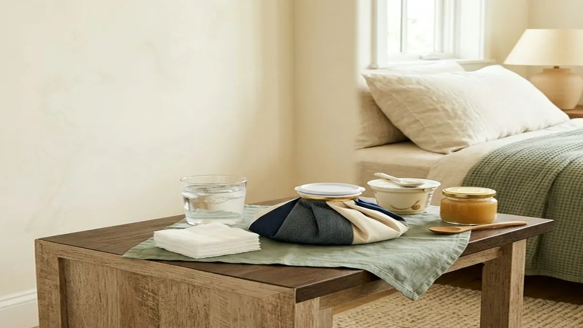 Bedside table with ice water, cold compress, and comfort items arranged for post-procedure recovery.