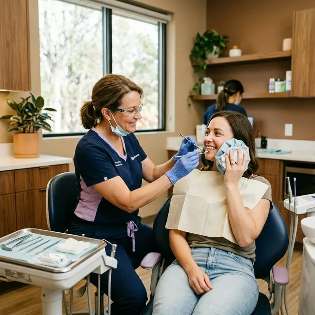 Dentist in navy scrubs and glasses examining a smiling patient in a dental chair within a modern office featuring warm wood cabinetry, shelves with supplies, potted plants, and natural window light.