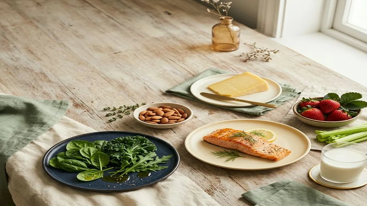 Tooth-healthy foods arranged on a light wood table: leafy greens on a dark blue plate, salmon with dill, almonds, strawberries, cheese, milk, and green onions.