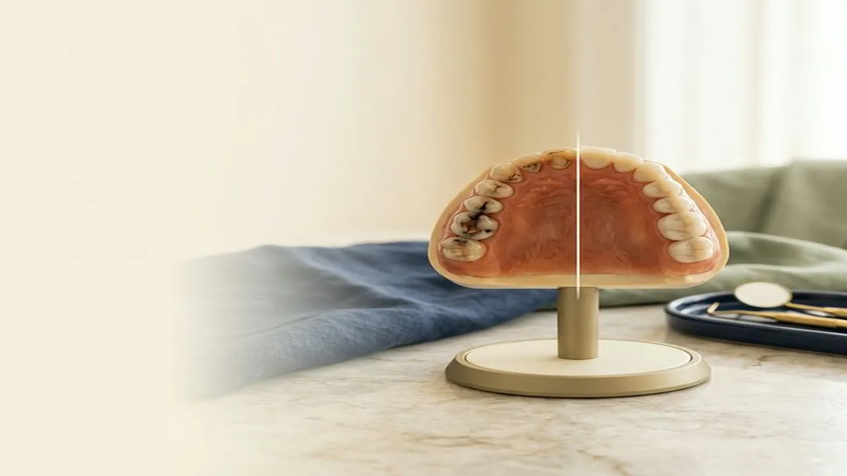 A dental model of an upper arch split to contrast decayed, worn teeth on one side with clean, restored teeth on the other, mounted on a stand beside instruments.