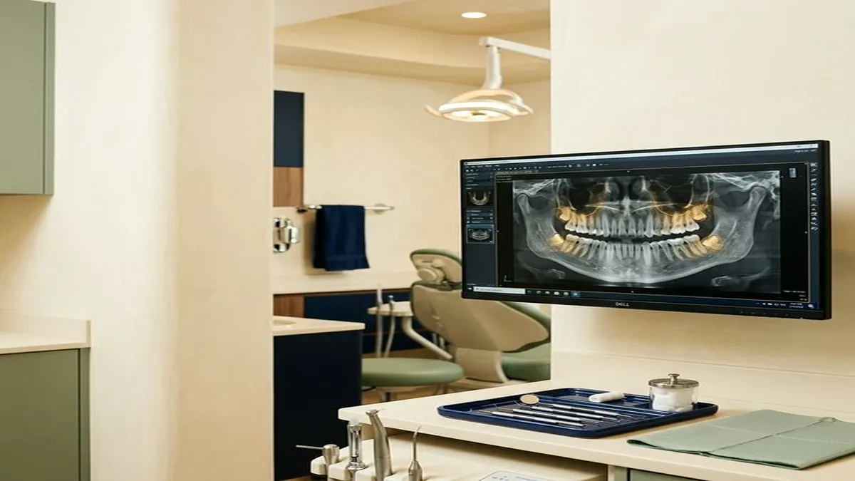 Modern dental office interior with panoramic X-ray image of teeth and implants displayed on a wall-mounted monitor.