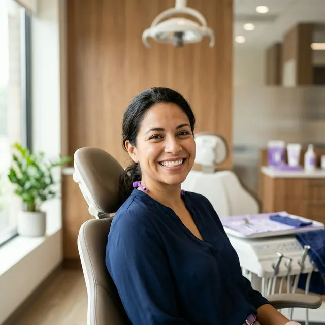 Smiling person in navy scrubs seated in a dental chair with overhead surgical light and modern operatory setting.