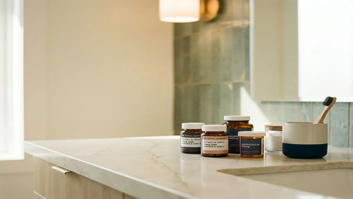 Several amber prescription pill bottles with pharmacy labels on a marble bathroom counter, beside a small glass jar and a cup holding a bamboo toothbrush.