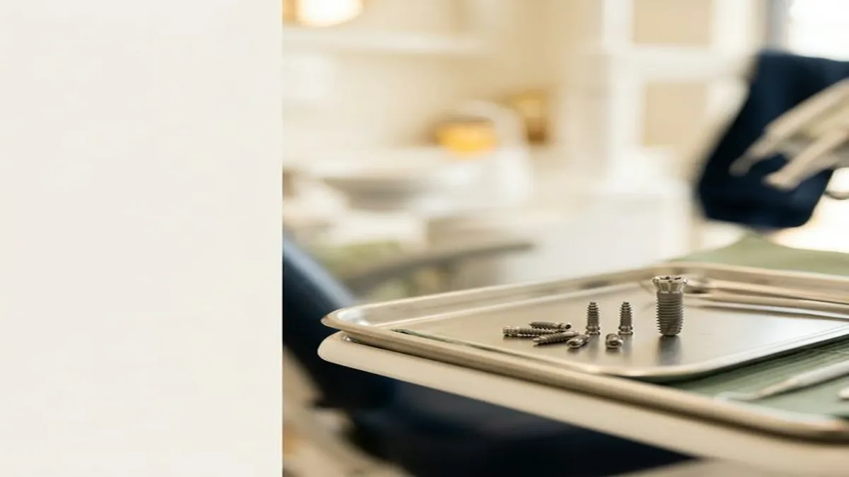 Several small dental implant screws arranged on a sterile instrument tray in a dental operatory, with a treatment chair in the background.