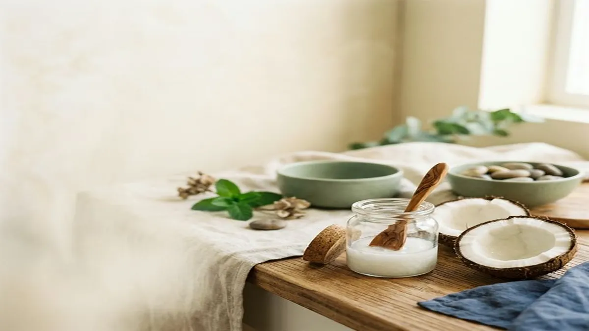Coconut oil in a glass jar with wooden spoon, fresh mint leaves, and halved coconuts arranged on a wooden surface.