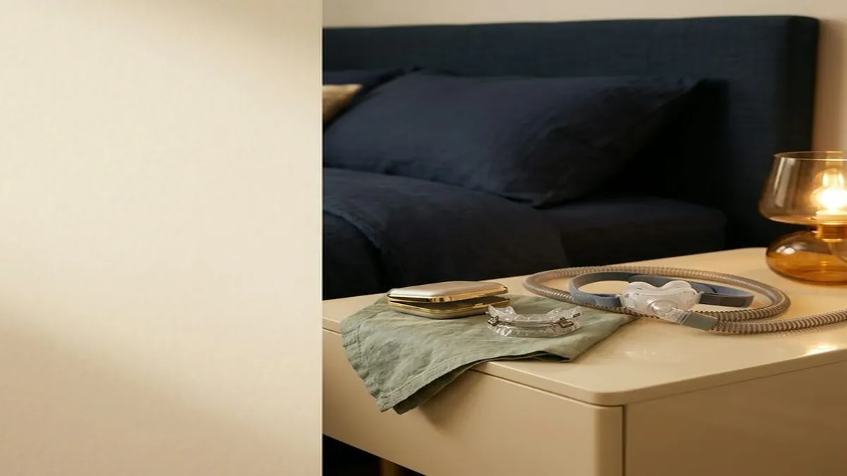 CPAP machine with tubing coiled on a nightstand beside a dark bed with a bedside lamp.