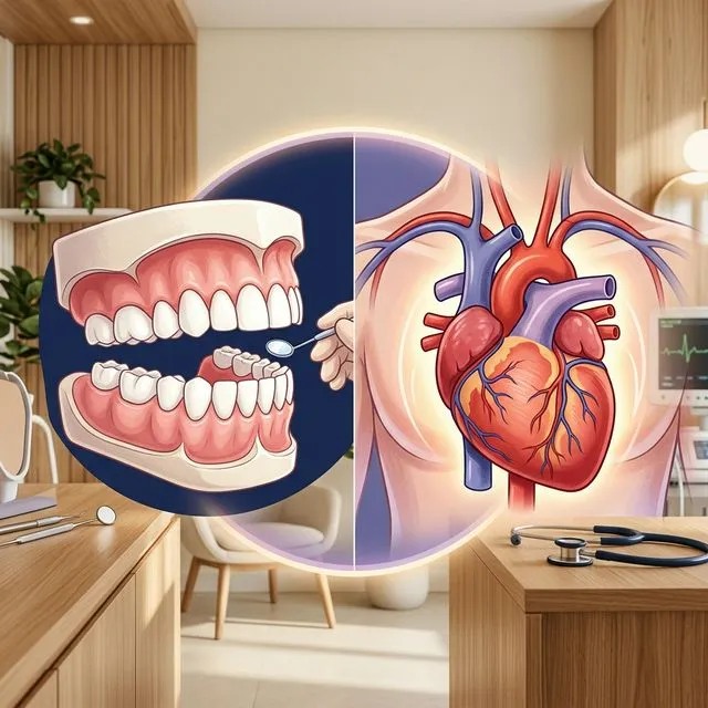 Split-screen medical illustration of dental model with teeth and gums on left, anatomical heart with blood vessels on right, set in dental office.