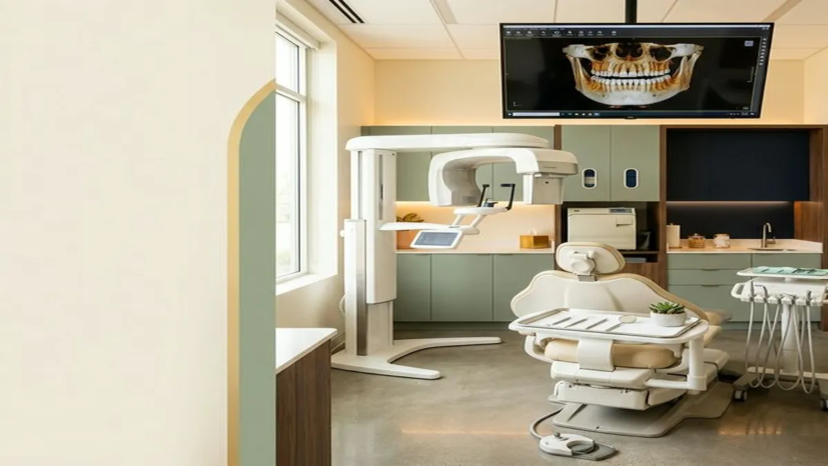 Modern dental operatory with chair, surgical lights, and wall-mounted monitor displaying a 3D CBCT jaw scan.