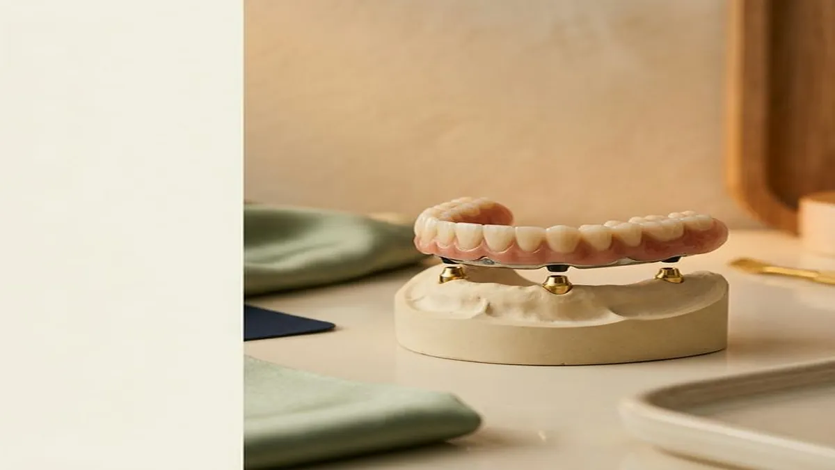 A complete removable denture resting on a clean surface, illustrating the full and partial denture options patients compare on cost.
