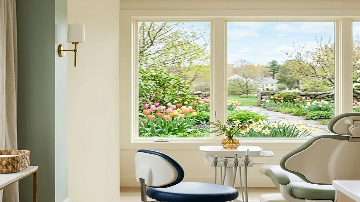 Modern dental office interior with patient chair and equipment, bright windows revealing spring garden with blooming pink and yellow tulips.