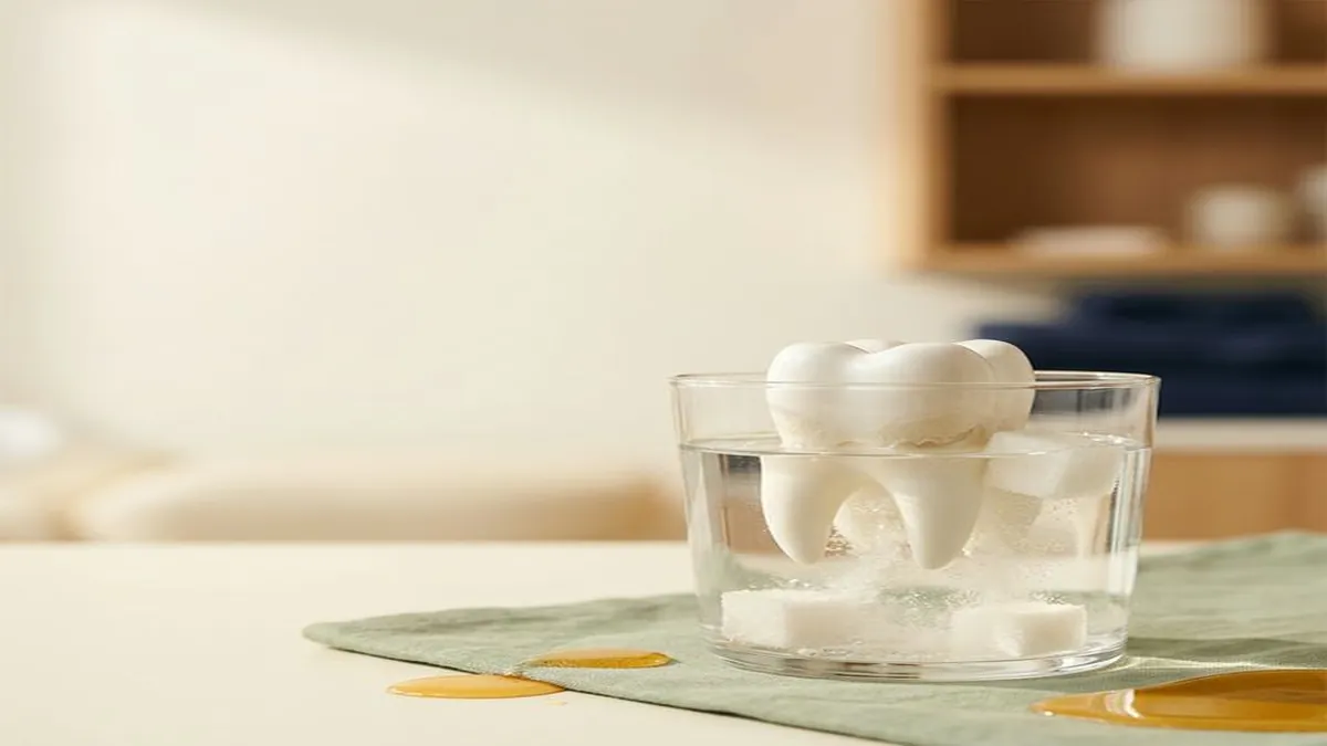 A model tooth sits in a glass of water filled with sugar cubes, with droplets of honey nearby, illustrating sugars effect on teeth.