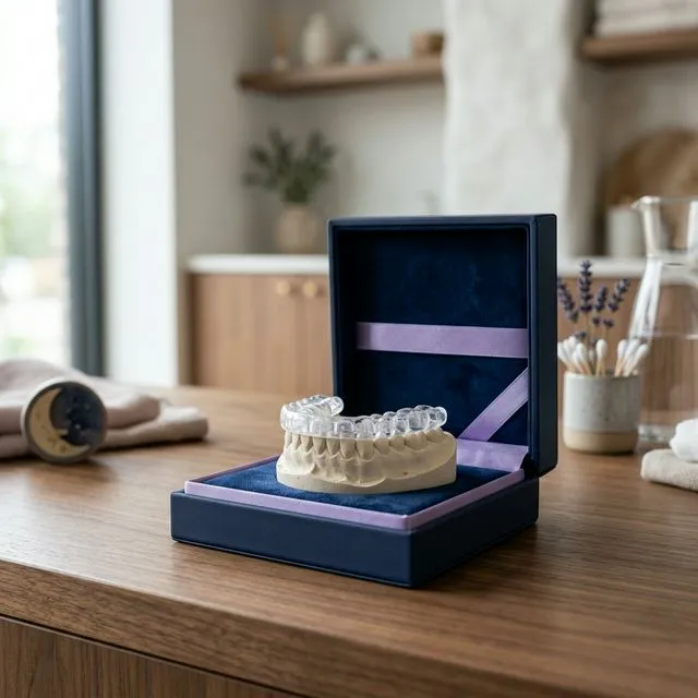 A clear night guard fitted on a dental model, displayed in an open navy presentation box on a wooden vanity beside lavender and bathroom items.
