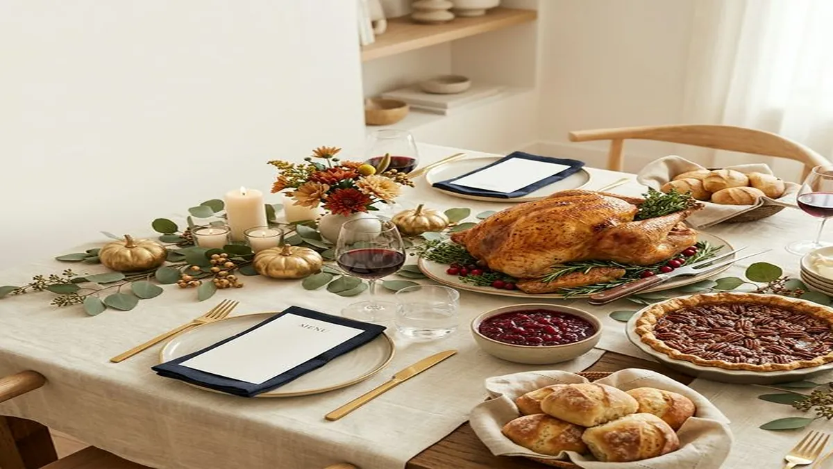 Elegant Thanksgiving dinner table with roasted turkey, pecan pie, rolls, and seasonal decorations including gourds, dried flowers, and greenery.