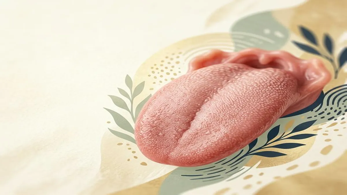Illustration of a healthy pink tongue with visible papillae texture against a cream background with botanical decorative elements.