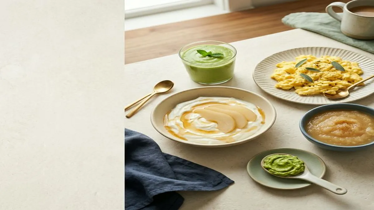 Soft foods on white plates including a green mint smoothie, scrambled eggs, creamed yogurt with caramel drizzle, tan puree soup, and green avocado spread on a cream table.