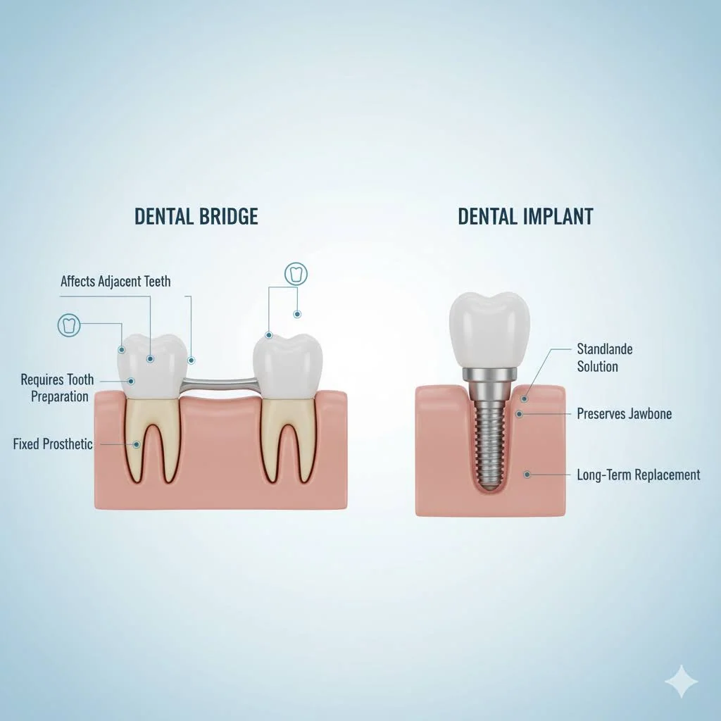 Side-by-side anatomical comparison of dental bridge versus dental implant, showing anchor teeth, bone structure, and labeled treatment features.