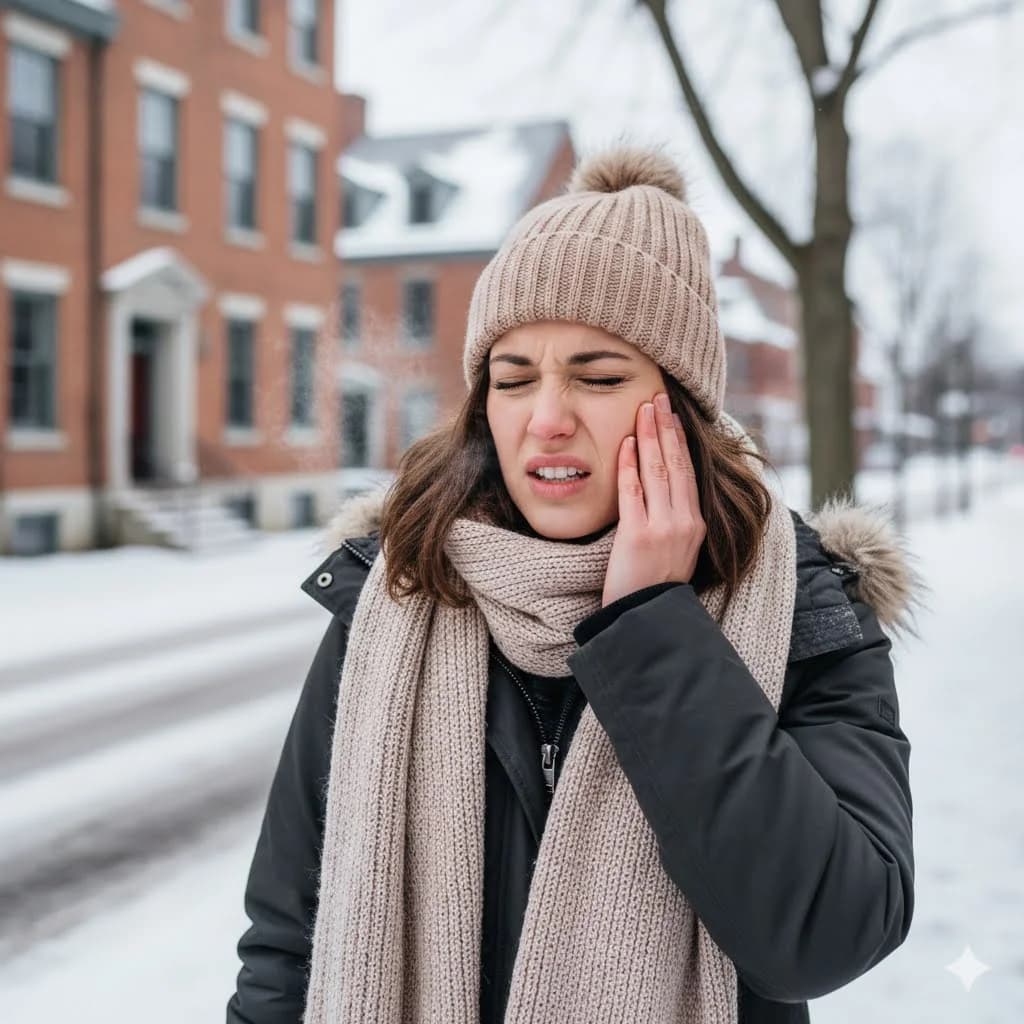 A person holding their cheek in discomfort from a painful, possibly infected tooth.