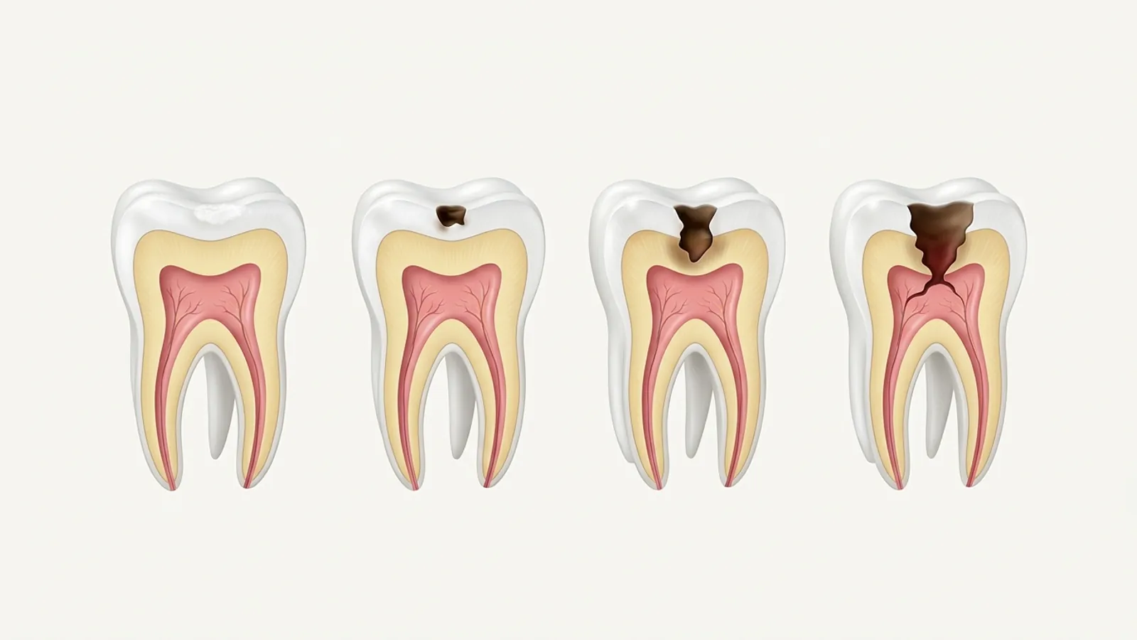 Illustration: four stages of tooth decay in a molar — a white spot on the enamel, a small brown spot through the enamel, decay into the dentin, and decay reaching the pulp.