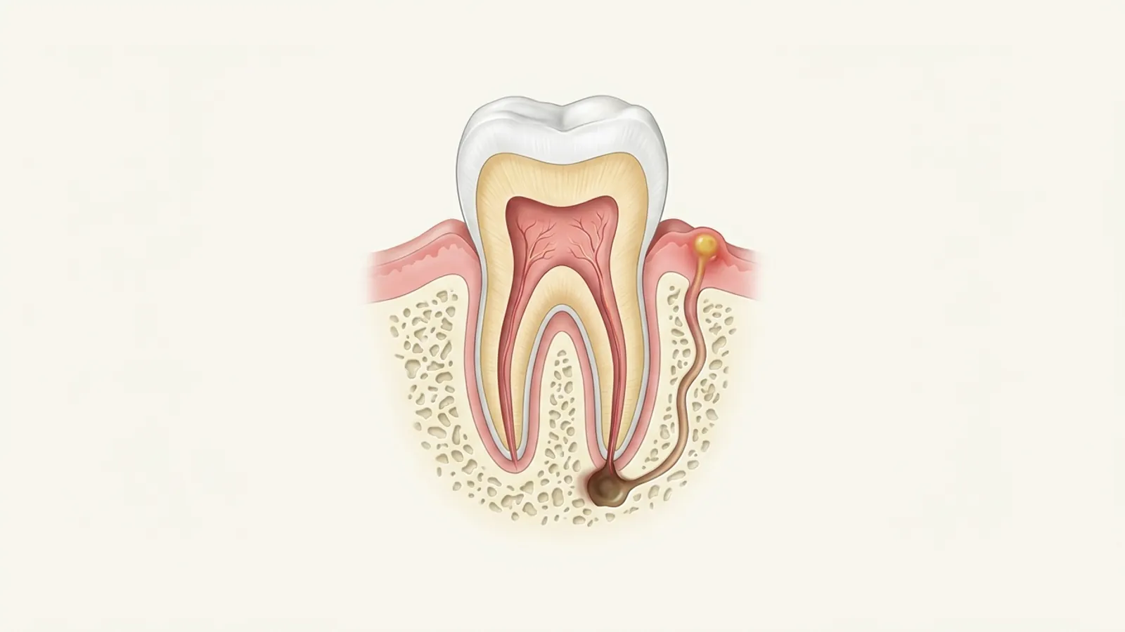 Illustration: an infection at the root tip of a lower molar draining through a channel in the bone to a small bump on the gum (a gum boil).