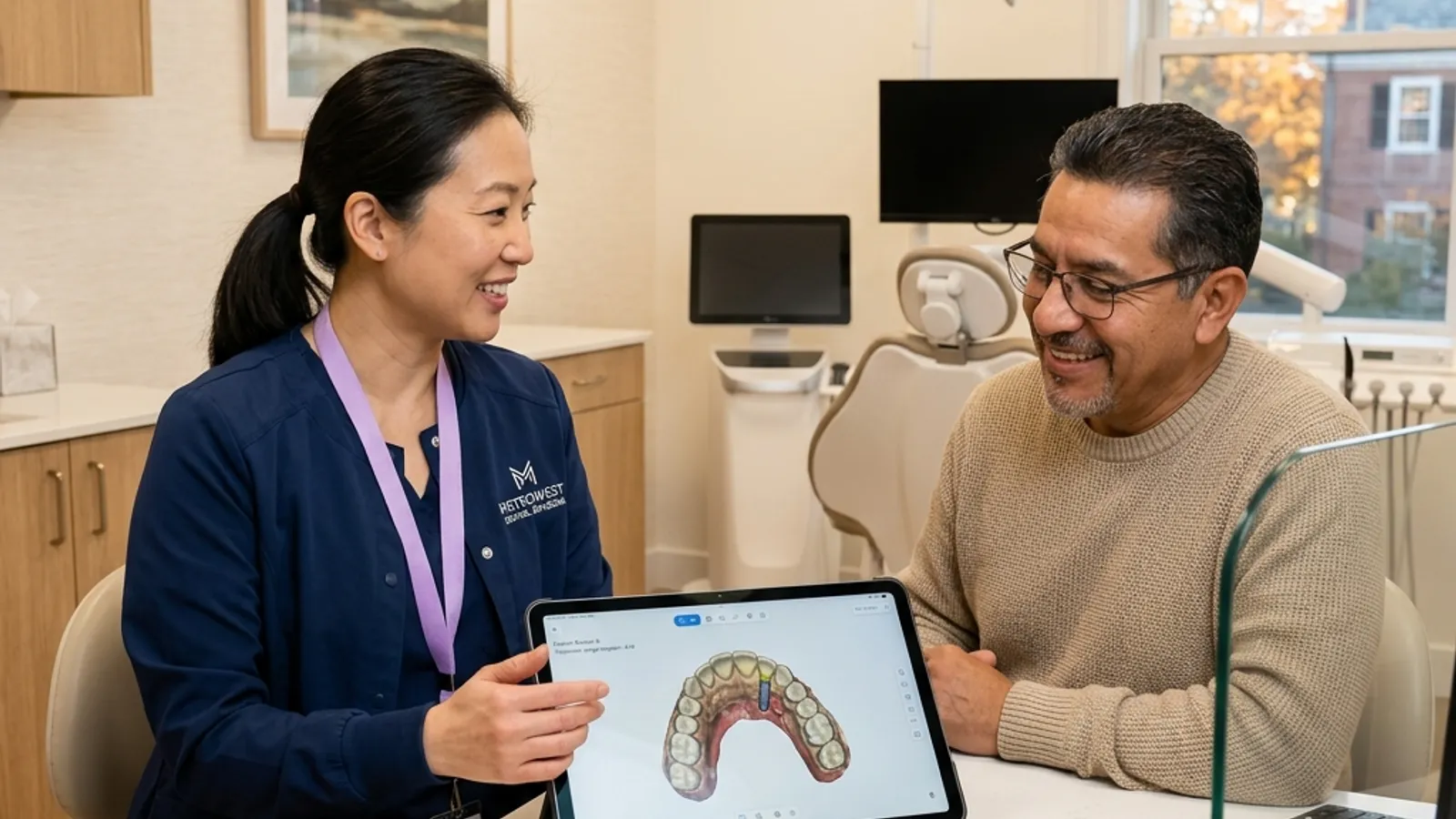 A dentist holds a hand mirror to examine a patient's lower jaw for dental implants evaluation.