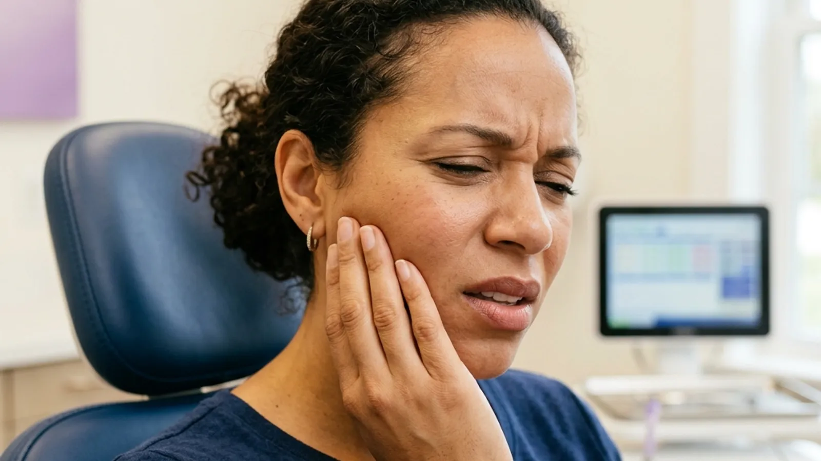 Dentist examining the jaw joint of a patient experiencing TMJ pain.