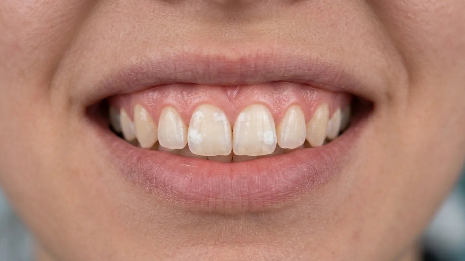 Illustration: upper front teeth with chalky, opaque white patches on the enamel of the two front teeth, an early sign of enamel demineralization.