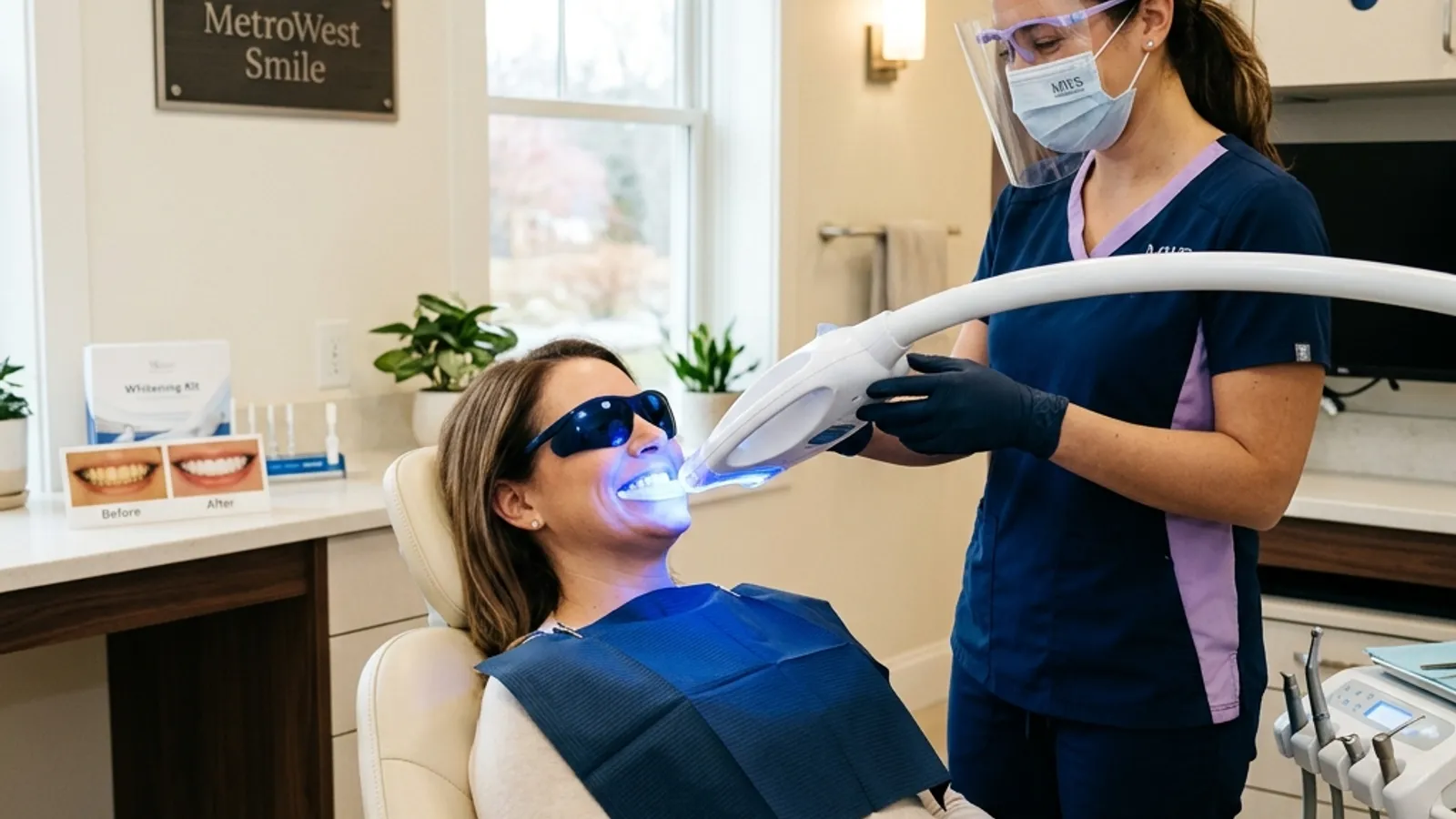 Dental hygienist in full PPE placing a blue light whitening system on a patient.