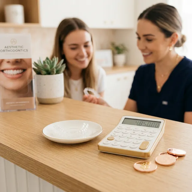 Two women smiling at a kitchen counter with a clear-aligner brochure, a calculator, and stacked coins, suggesting treatment cost planning.