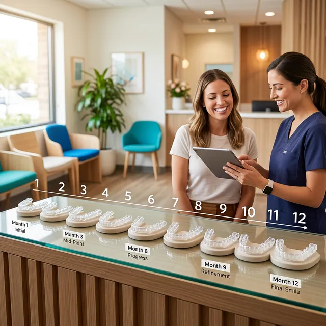 Dentist in dark scrubs and patient reviewing clear aligner timeline with progressive dental models numbered 1-12 displaying treatment milestones in modern dental office.