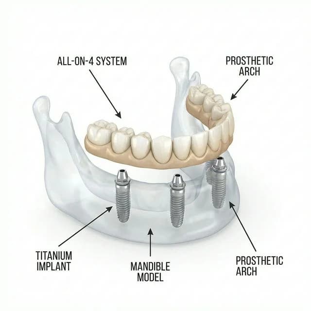3D dental model showing All-on-4 implant system with four titanium implants, prosthetic arch, and mandible framework.