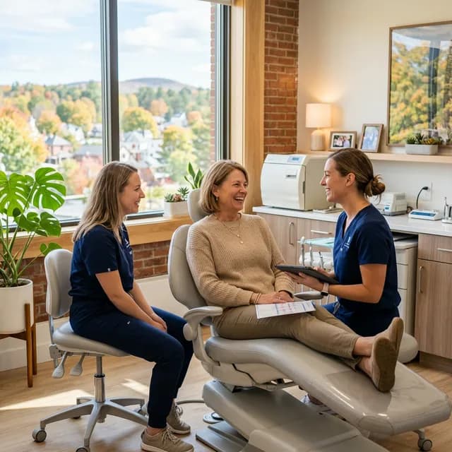 A relaxed patient laughs with two dental team members in navy scrubs in a warm, bright dental office overlooking autumn foliage.