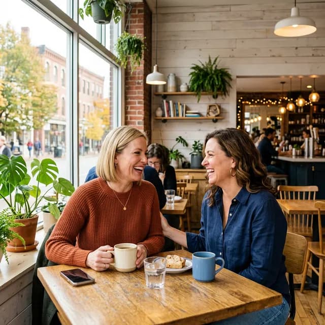 Two women smiling while talking over coffee in a bright, modern café with exposed brick and plants.